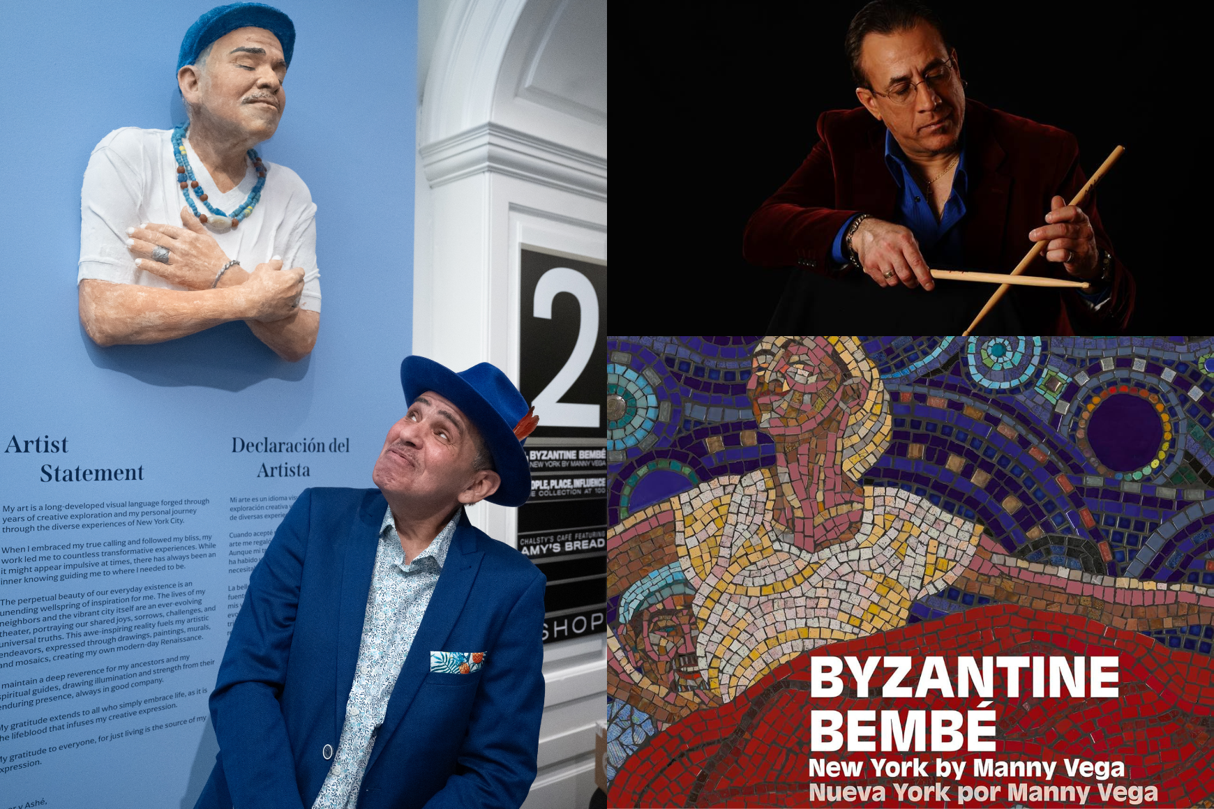 A man in a blue hat looking up at a mural of himself, a man playing the drums, the cover of a book